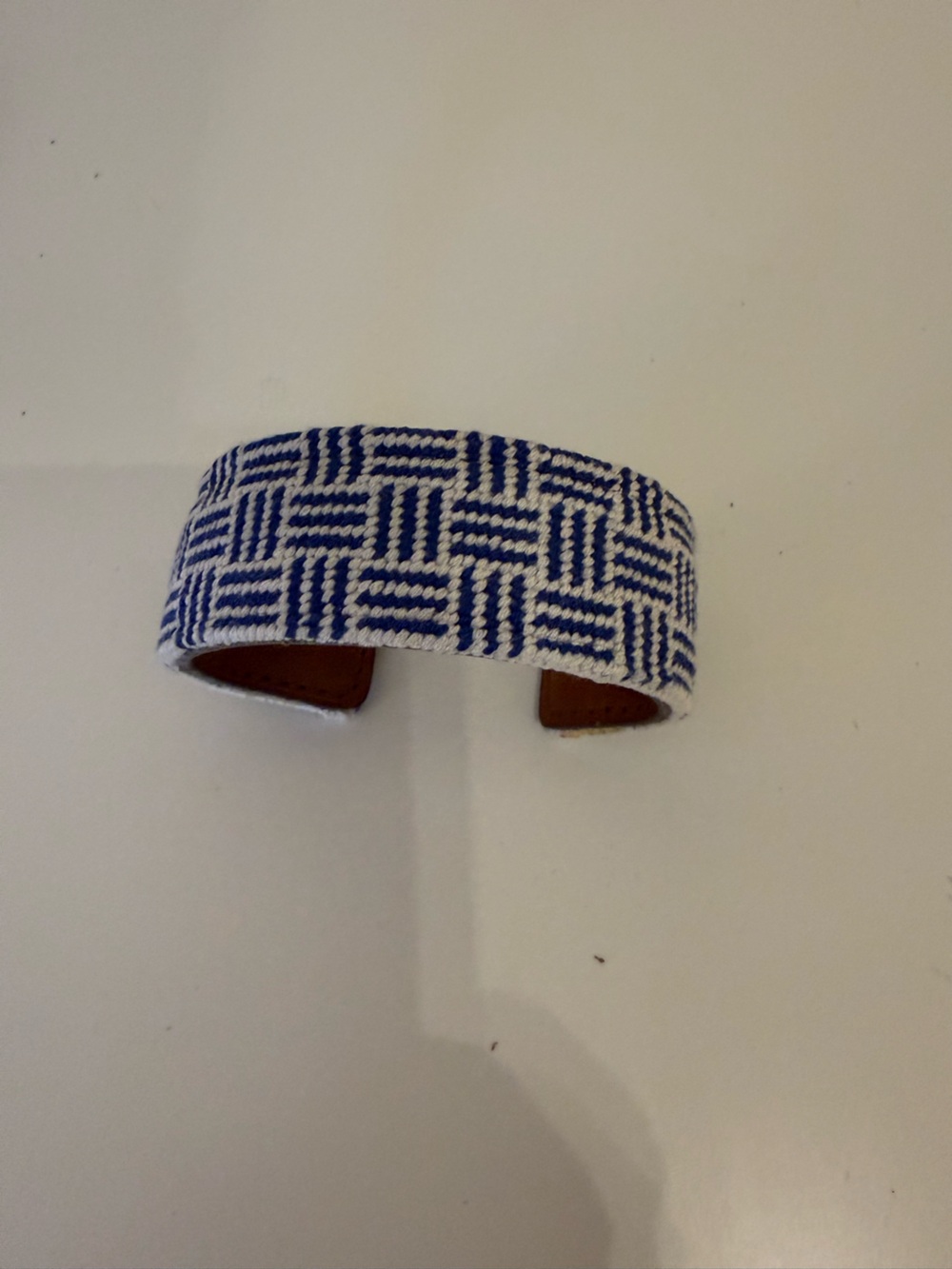 Newport needlepoint Blue and White Cuff Bracelet with Brown Trim